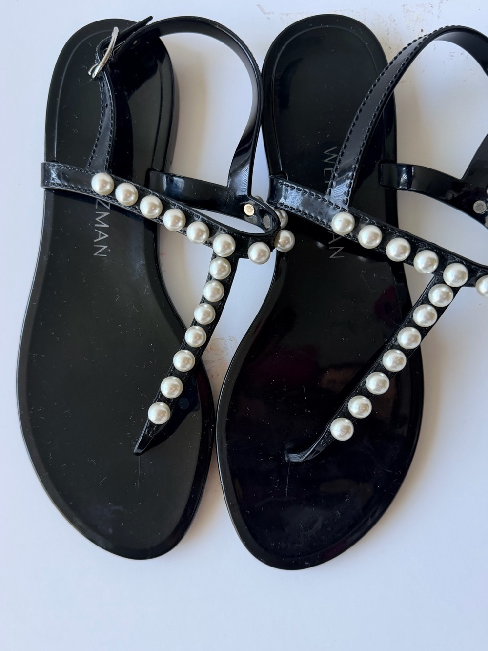 Stuart Weitzman Black Pearl-Studded T-Strap Sandals